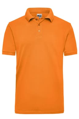 An orange polo shirt for men with a collar and buttons, featuring a logo on the chest.