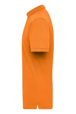 An orange work polo shirt featuring a collar and short sleeves, displayed from the side. It has a logo.