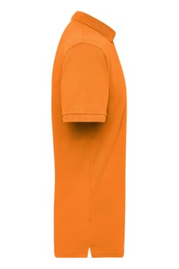 An orange work polo shirt with a collar and short sleeves, featuring a logo on the chest area.