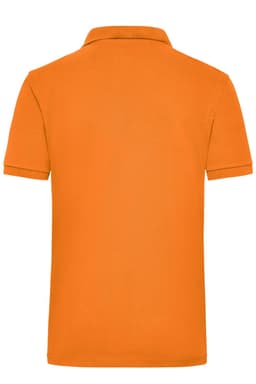 An orange work polo shirt with a classic collar and a logo on the back.