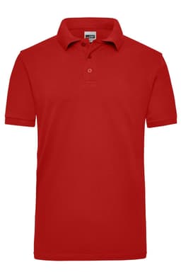 A red polo shirt with a collar and short sleeves, featuring a brand logo.
