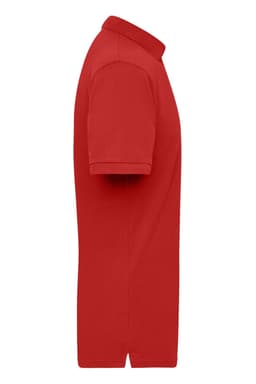 A red work polo shirt featuring a collar and short sleeves, displaying a simple design with a logo.