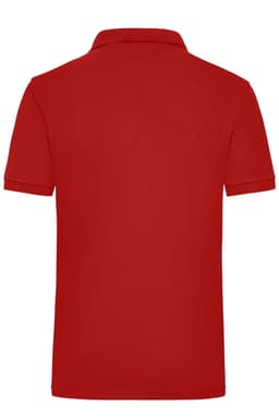 A red work polo shirt featuring a collar and short sleeves, with branding on the back.