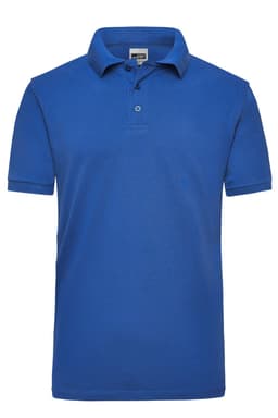 A blue polo shirt for men featuring a classic collar and short sleeves, with a logo.