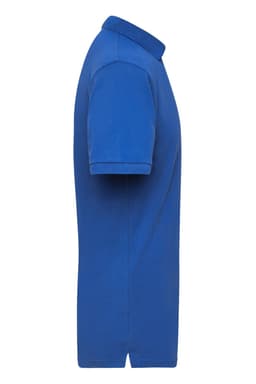 A blue polo shirt for men with a classic collar and short sleeves, featuring a logo on the chest.