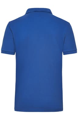 A blue work polo shirt featuring a classic collar and short sleeves, with a logo on the back.