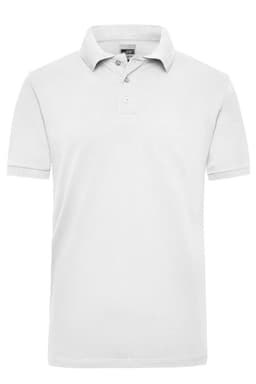A plain white polo shirt with a collar and three buttons, featuring a logo. Suitable for workwear use.