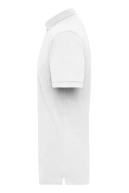 A white polo shirt is displayed from the side, featuring short sleeves and a collar, with a logo on the chest.