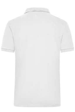 A plain white men’s polo shirt featuring a collar and an additional logo on the chest.
