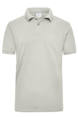 A light grey work polo shirt featuring a collar, buttons, and a logo. Suitable for workwear.