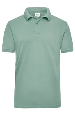 A men's polo shirt in a light green colour with a collar and short sleeves, featuring a logo on the chest.