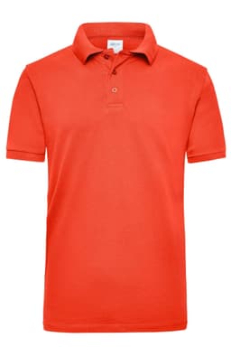 An orange work polo shirt with a collar and three-button placket, featuring a logo on the chest.