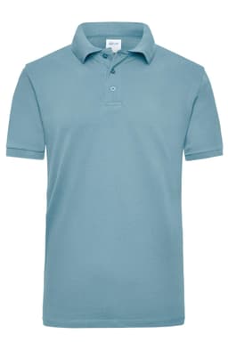 A light blue work polo shirt with a collar and three buttons, featuring a logo.