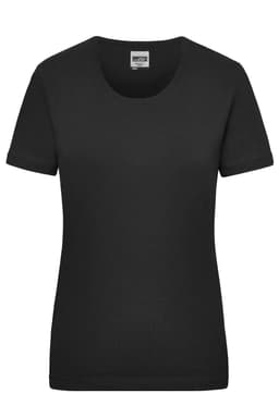 A black women's work t-shirt with a classic crew neck and short sleeves, featuring a logo.