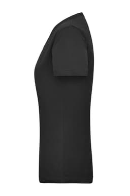 A black women's t-shirt with short sleeves and a fitted design, featuring a logo.