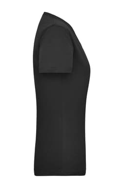 A black women's work t-shirt featuring a fitted design and short sleeves, with a logo on the fabric.