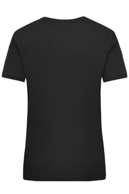A black short-sleeved work t-shirt with a plain back and a logo at the neckline.