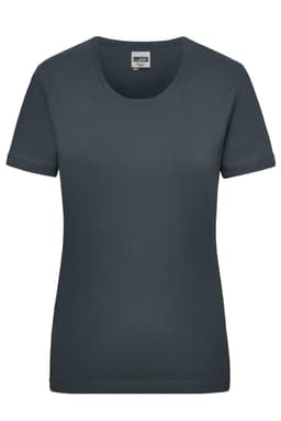 A dark grey women's T-shirt featuring a crew neckline and short sleeves, with a brand logo.