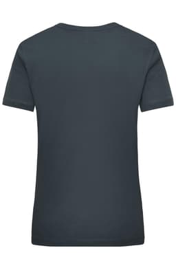 A dark grey short-sleeved women's work t-shirt with a simple back design and a branding logo.