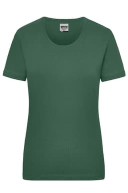 A green women's short-sleeve T-shirt made from a comfortable fabric, featuring a round neckline and a logo.