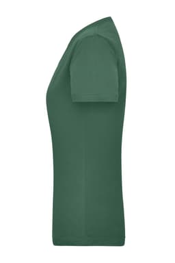 A green women’s work t-shirt with short sleeves and a fitted silhouette. It features a logo on the fabric.