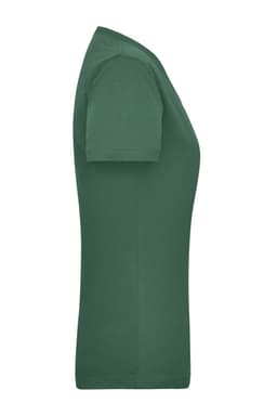 A green women's work t-shirt displayed from the side, featuring a simple design and a logo.
