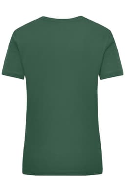 A green women's work t-shirt featuring a standard crew neck and short sleeves. It has a logo on the back.