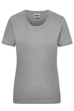 A women's short-sleeve T-shirt in a light grey colour, featuring a round neckline and a branded label.