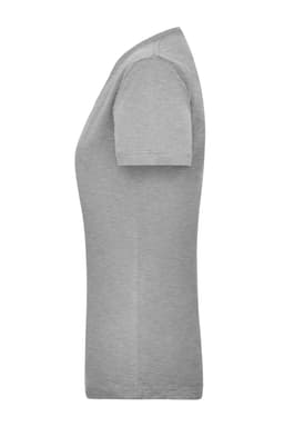 A grey women's work t-shirt displayed from the side, featuring a fitted cut and short sleeves. It has a logo.