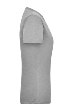 A grey women's work T-shirt featuring short sleeves and a fitted design. It includes a logo on the garment.