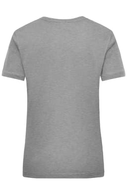 A grey women's work t-shirt featuring a round neck and short sleeves. It has a logo on the back.