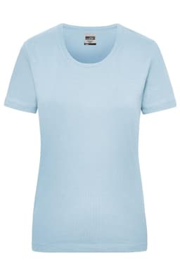 A light blue women’s work t-shirt with short sleeves and a round neckline, featuring a branding logo.