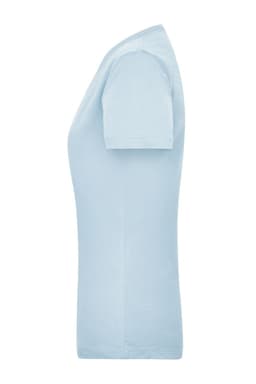 A light blue women's work t-shirt with short sleeves, featuring a fitted design and a logo on the side.