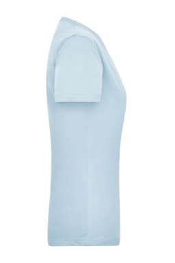 A light blue women's work t-shirt features a fitted design and short sleeves. It includes a logo.