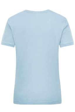 A light blue women's work t-shirt with a simple design, featuring a branding logo on the back.