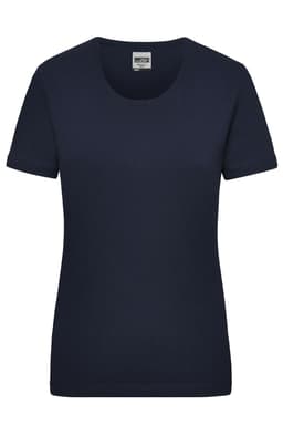 A navy blue women's work T-shirt with short sleeves, featuring a round neckline and a logo.