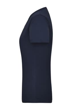 A navy work t-shirt for women, featuring short sleeves and a fitted design. Includes a branding logo.