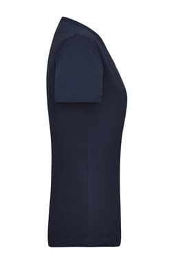 A navy blue women's work t-shirt featuring a fitted design and short sleeves. It has a branding logo.