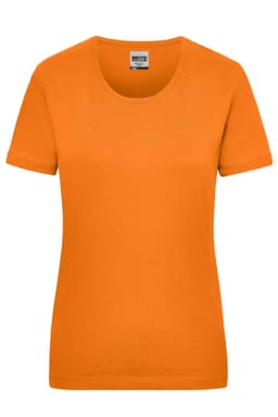 An orange women's work T-shirt featuring a round neckline and short sleeves, with a logo on the label.