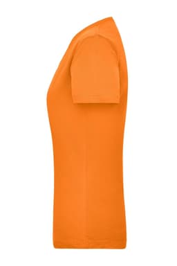 An orange work t-shirt displayed in profile, featuring short sleeves and a fitted design.