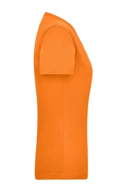 A side view of an orange women's work T-shirt, featuring a fitted design and short sleeves.