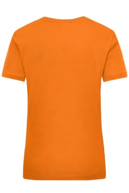 An orange women's work t-shirt with a plain back and a logo.