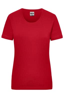 A red short-sleeve women's work t-shirt with a round neckline and a logo on the label.