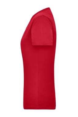 A red women's work t-shirt featuring short sleeves and a fitted design, with a logo on it.