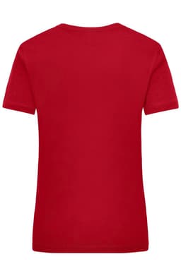 A red work T-shirt featuring a logo on the back. The shirt has a standard short-sleeve design.
