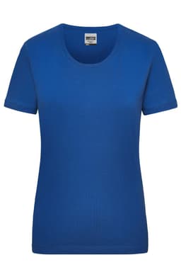 A blue short-sleeved women's t-shirt featuring a round neckline and a logo.