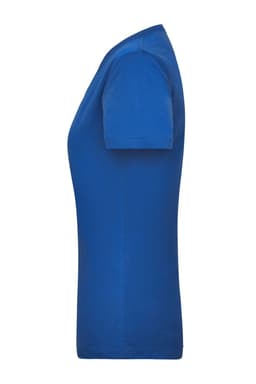 A blue women's work t-shirt is displayed, featuring a fitted design and short sleeves. The shirt includes a logo.