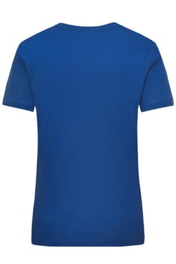 A blue women's work t-shirt with a plain back and a visible logo at the neckline.