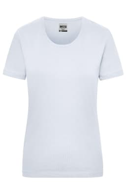 A light blue women's work t-shirt with a round neckline and short sleeves. It features a branding logo.