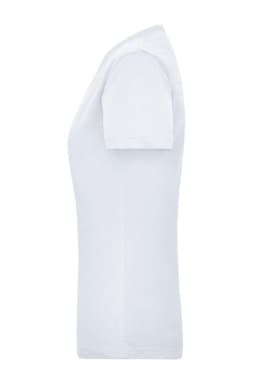 A white women's work t-shirt featuring short sleeves and a fitted silhouette, with a logo visible.